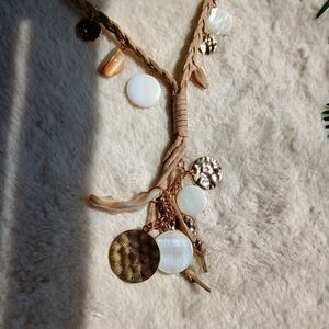 Braided suede 19" charm necklace w shell & gold tone charms, boho, mermaidcore